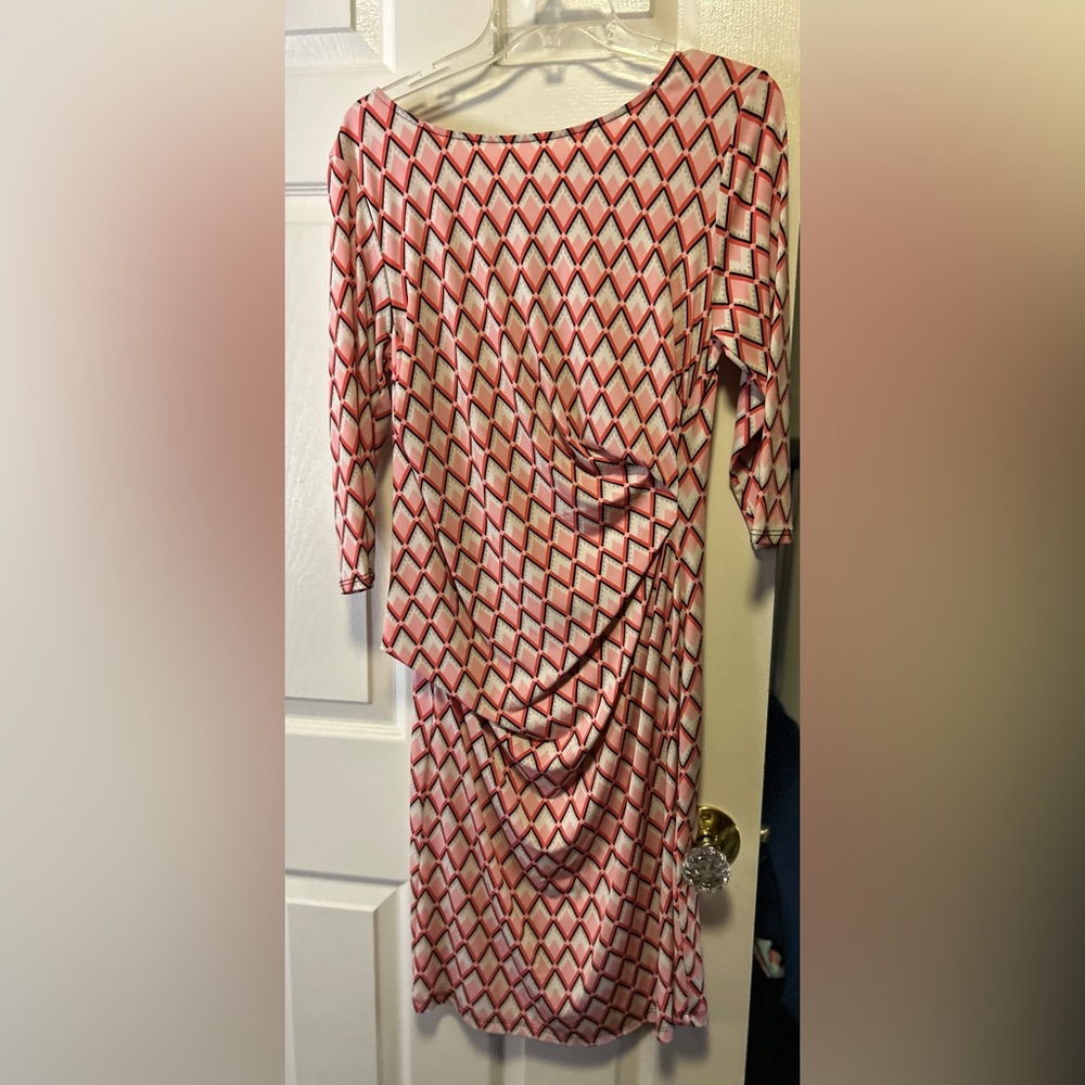 Pink and White Ruched Sheath Dress with Dolman Sleeves